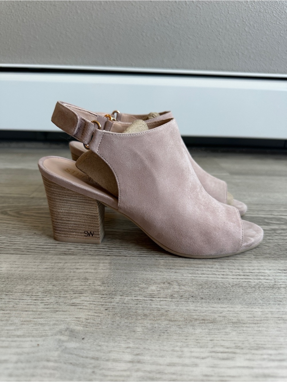 Stuart Weitzman Blush Suede Peep Toe Block Heeled Sandals 8.5 - Picture 2 of 14